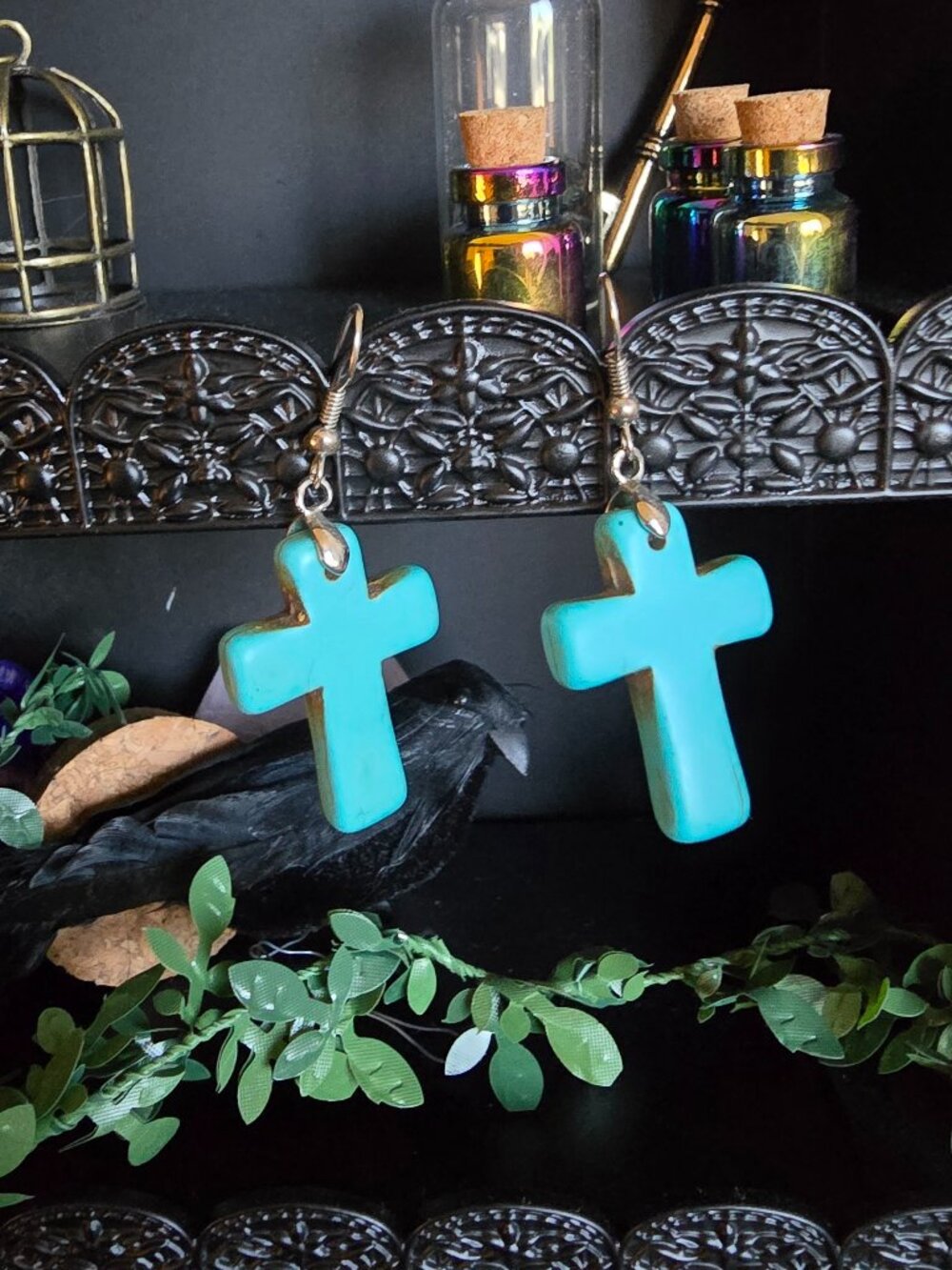 Western - Boho - Handmade Turquoise Cross Earrings with Sterling Silver Ear Wire